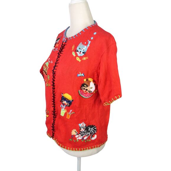 Vintage 90s M.C. & Co Red Funny Cat Embroidered Cardigan Sweater S - Picture 3 of 9